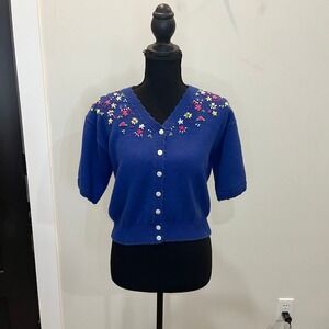 Lizsport Petite Blue Cotton Short Sleeve Floral Embroidered Sweater S Vintage